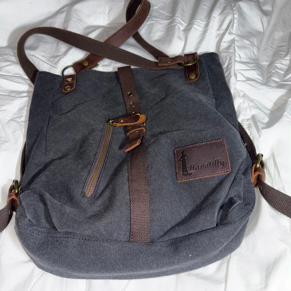 Hanalilly Canvas Leather Convertible Backpack Tote Bag Gray Brown Vintage Style